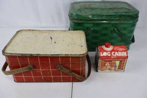 lot 271 image: Red Plaid Lunch Box & Green Woven Cooler & Log Cabin Syrup Tin