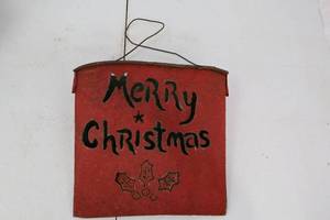 lot 276 image: Merry Christmas Sign - Red Tin with Wire Hanger