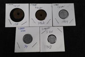 lot 325 image: Japanese Coins - Two 5-Yen (hole-in-center), Two 1-Yen, and One 1-Sen on Display