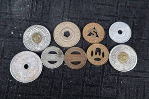 lot 344 image: Token Coins With Holes & Cutouts - Assorted Copper & Silver Tones