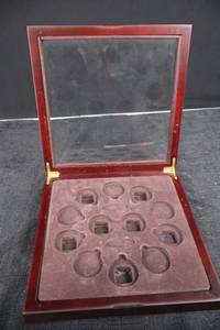 lot 349 image: Coin Display Case - 12-Place Foam Insert, Wood Frame