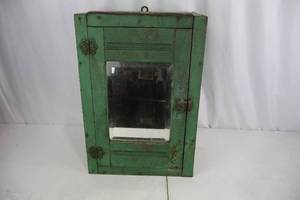 lot 356 image: Green Metal Wall Cabinet - Glass Front Door, 2 Shelves