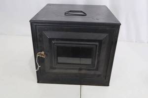 lot 363 image: Stove Insert - Vintage Black Metal Front Glass Door - Decorative Display Piece