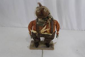 lot 364 image: Scarecrow Figure - Handmade Burlap-Head Doll, Orange Plaid Shirt, Brown Plaid Pants with Suspenders