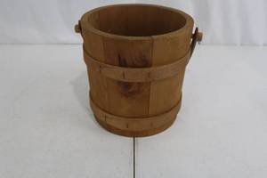 lot 366 image: Wooden Bucket - Barrel-Style Pail with Carry Handle