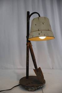 lot 367 image: Industrial Table Lamp & Shovel Motif Base - Distressed Cream Shade