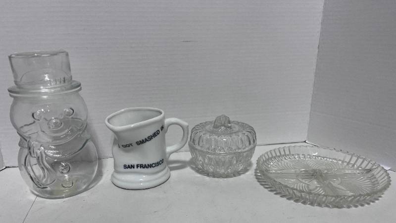 lot 114 image: Snowman Jar, Novelty Coffee Cup, Covered Dish and Divided Dish