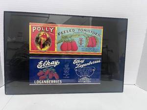 lot 56 image: Vintage Can Labels Framed 17 X11  Polly Brand Tomatoes and Elkay Loganberries