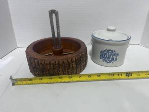 lot 64 image: Wooden Nut Cracker Bowl and Honey Pot