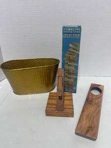 lot 73 image: Misc Lot. Letter Holder, Metal Basket, Texas Pecan Wood Item and NIB Tumbling Tower Game
