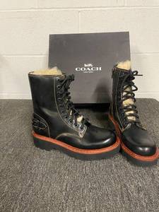 lot 9 image: Coach Moto Hiker Shearling Black Leather Boots 5.5 Women