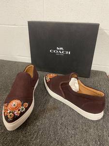 lot 37 image: Coach Slip-On Suede Shoes with Floral Embroidery, Size 8B