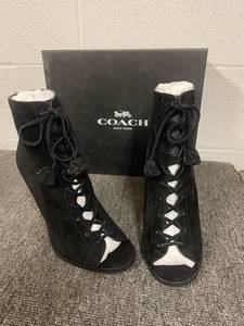 lot 48 image: Coach Lena Lux Suede Black Lace-Up Peep Toe Booties Size 7.5M