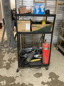lot 235 image: Rolling Utility Cart with Fire Extinguisher, Tools, and Supplies