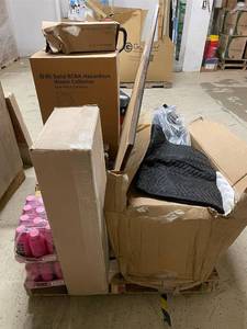 lot 236 image: Mixed Pallet Framed Art, Desk Lamp, Bottled Beverages, Weights, Protective Mats, and Waste Collector