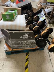 lot 239 image: Bulk Lot of Home and Garden Items Including Garden Hose, Plant Covers, Cushions, and Lighting Parts