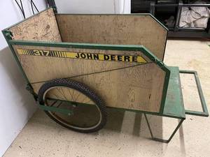 John Deere 317 Garden Utility Cart with Metal Frame and Wood Panel Sides
