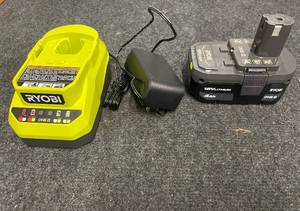 lot 273 image: Ryobi 18V Lithium 4Ah Battery with Charger and Power Adapter