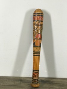 lot 241 image: Colorful Hand Carved Aztec Wood Bat Pinata Stick Mexican Hand Painted Wooden 15.5 Long