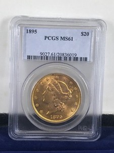 1895 GOLD $20 DOLLAR LIBERTY HEAD DOUBLE EAGLE COIN PCGS MINT STATE 61