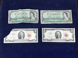 lot 253 image: 2 - U.S. 2 Dollar Red Seal Bill & 2 Canadian 1 Dollar Bills - see description for more info