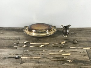 lot 309 image: Vintage Spoons, Knives, Forks, Platter, Creamer and Tea Ball - Possible Silver Content in Dishware - see description for more info
