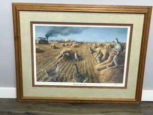 lot 14 image: Framed, Signed & Numbered Les C. Kouba Print - Sharptails at Harvest Time - 3712000 AWAG