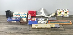 lot 350 image: Cribbage Boards - Cards - Dice Box - 77 Ways to Play Tenzi - Dominoes - Parker Brothers Flinch - Rook - Hearts