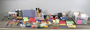 lot 366 image: Craft Items - Paint - Glue Gun with Sticks - Paint Brushes - Paper - Tape - Scissors and More