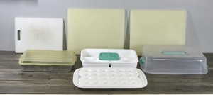 lot 373 image: 3 - Cutting Boards - Cake Pan with Lid - Rubber Maid Container with Devil Egg Tray