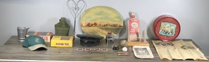 lot 382 image: Lot of Collectibles & More - Cigar Boxes - Military Items - Signed Cap by Larry Weishuhn - Rug Beater - Jon E Hand Warmer - Lead Shot Bags (No lead inside) and More