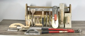 lot 386 image: Large Wooden Tool Box with Concrete Tools and Lock Cutter