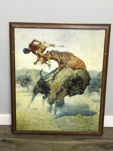 lot 400 image: Framed oil Painting Picture on Canvas By Frederic Remington - Episode of a Buffalo Hunt