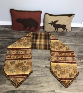 lot 402 image: 2 - Pillows with Bear and Moose and Table Top Tapestry Runway with Moose, Bears and Cabin