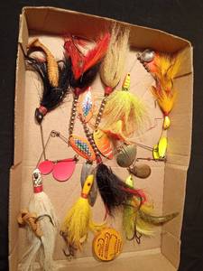 lot 145 image: Box of spinners, lures and a tin of hooks