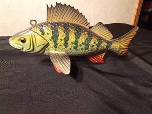 lot 132 image: Signed hand carved wood spearing fish decoy by R. Whittier