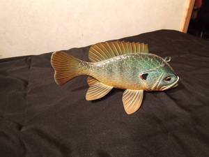 lot 122 image: Signed hand carved wood sunfish spearing fish decoy by R. Whittier