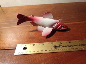 lot 94 image: 2008 Signed hand carved wood spearing fish decoy with metal fins by R. Whittier