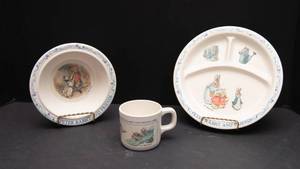 lot 12 image: Vintage Eden Peter Rabbit & Friends Plastic Plate, Bowl & Mug Set