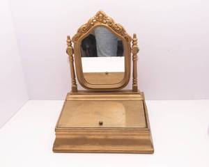 lot 14 image: Wooden Vanity Mirror  Gold Painted, Hinged Storage
