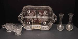 lot 79 image: Etched Glass Collection  Bud Vases, Relish Tray, Sugar & Creamer