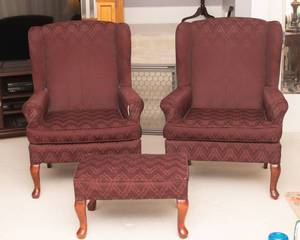 lot 71 image: Set of 2 Wingback Queen Anne Style Chairs with Matching Footstool  Best Chairs Inc.