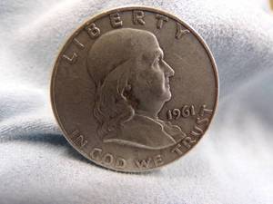 lot 11 image: 1961 Benjamin Half Dollar Coin 90% Silver