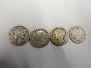 lot 13 image: 1 Barber Dime  3 Mercury dimes Coin 90% Silver