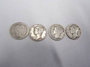 lot 14 image: 1 Barber Dime  3 Mercury dimes Coin 90% Silver