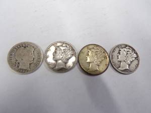 lot 15 image: 1 Barber Dime  3 Mercury dimes Coin 90% Silver