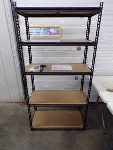 lot 60 image: 5 Shelf Metal Shelving with Wood Shelves In Box