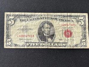 lot 26 image: 1963 Red Seal $5 Dollar Star Note