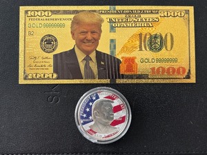 lot 129 image: 24K Gold Trump $1000 Dollar Note and Silver Plated Round
