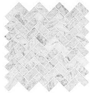 lot 34 image: 8 Boxes of Carrara White Herringbone 12 in. x 12 in. x 0.31 in. Honed Marble Mesh-Mounted Mosaic Tile (9.4 sq. ft.Case) by MSI   Customer Returns See Pictures